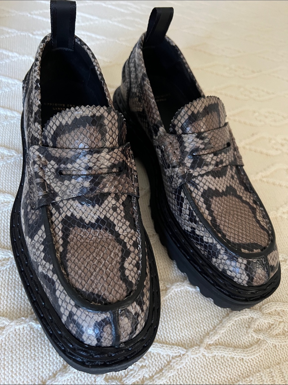 Snake-Print Lug Sole Penny Loafers size 6